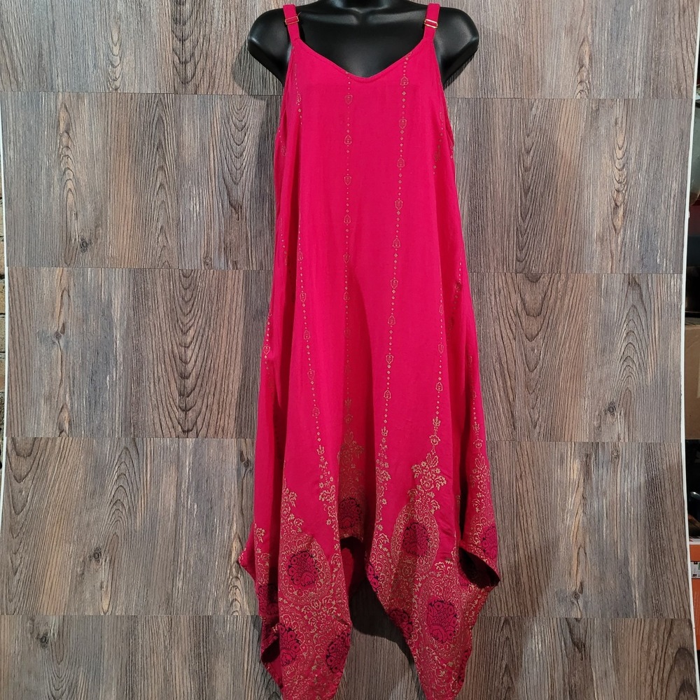Lapogee Handkerchief Hem Dress Size L Pink Metallic Tribal Boho Made in India